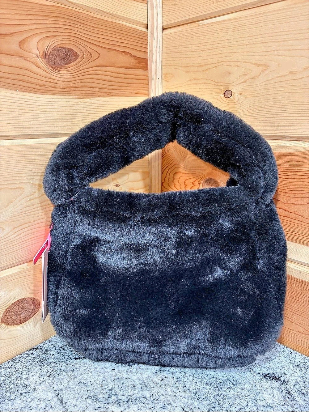 Paris Hilton Faux Fur Shoulder Bag with Rhinestone Script Logo Black NWT - Picture 3 of 7